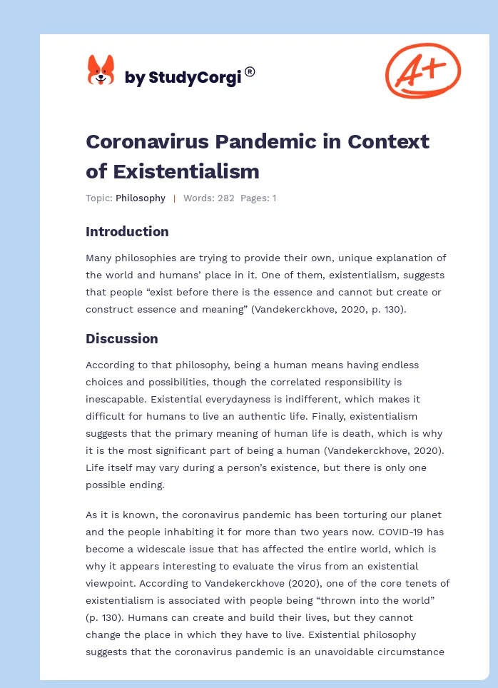 Coronavirus Pandemic in Context of Existentialism. Page 1
