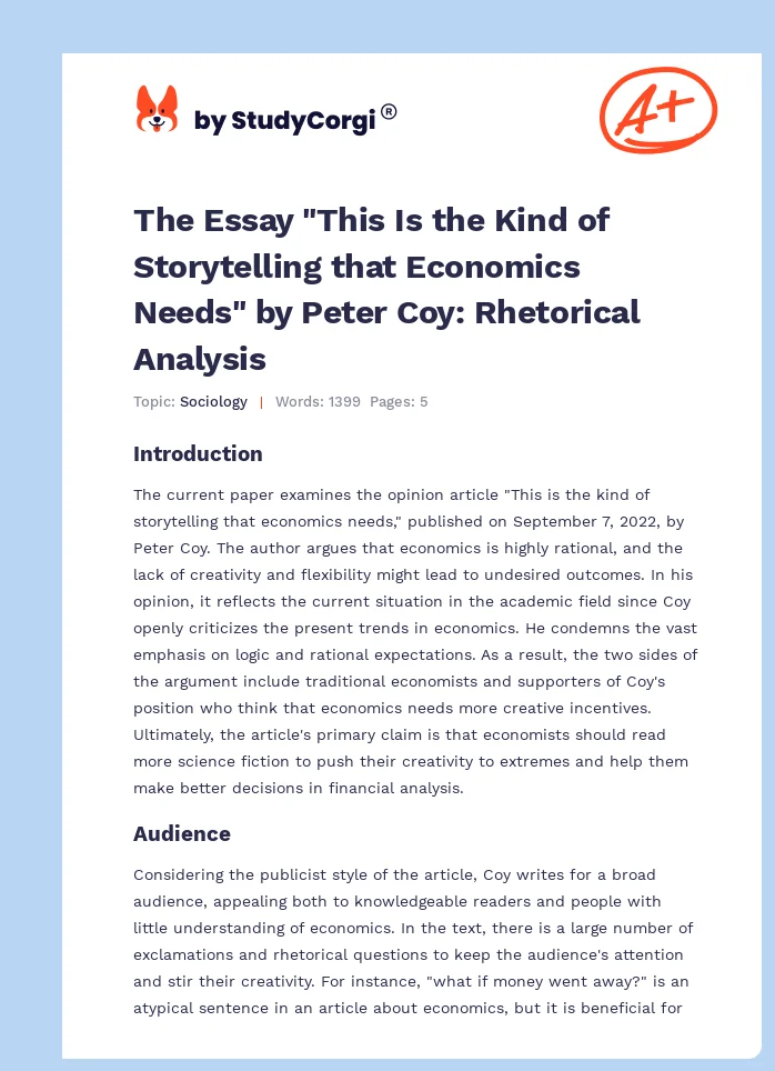 The Essay "This Is the Kind of Storytelling that Economics Needs" by Peter Coy: Rhetorical Analysis. Page 1