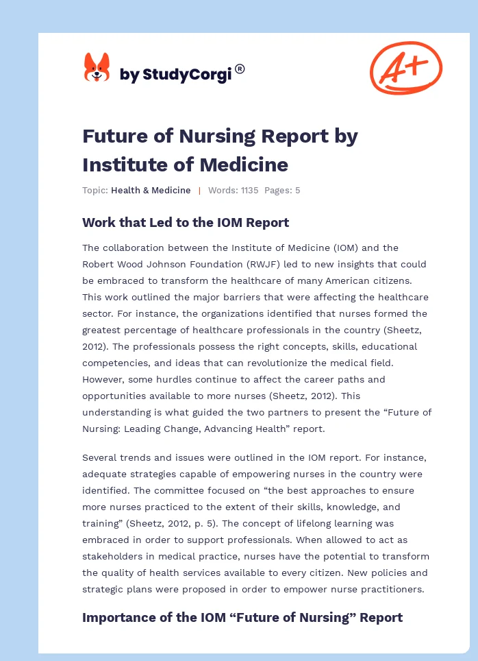 Future of Nursing Report by Institute of Medicine. Page 1