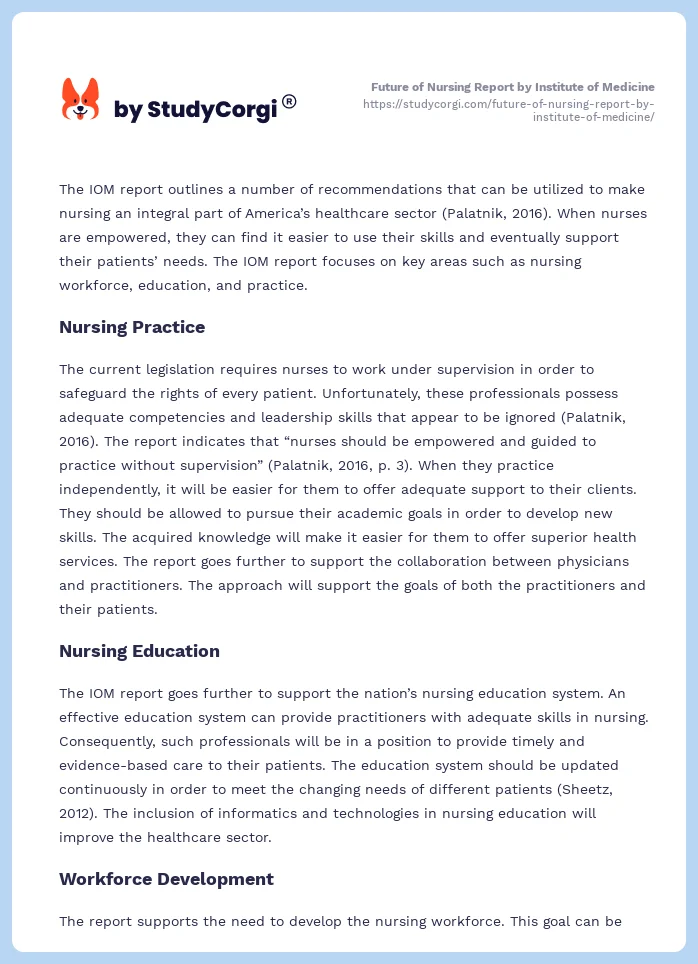 Future of Nursing Report by Institute of Medicine. Page 2