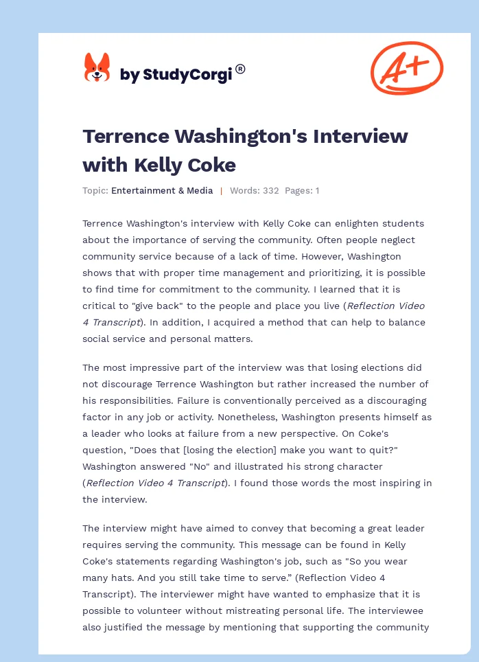 Terrence Washington's Interview with Kelly Coke. Page 1