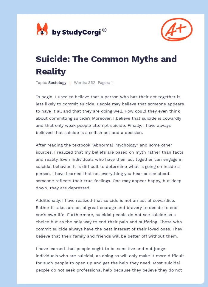 Suicide: The Common Myths and Reality. Page 1