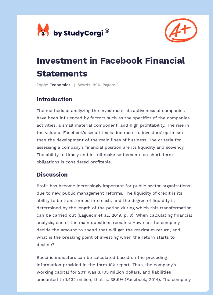 Investment in Facebook Financial Statements. Page 1