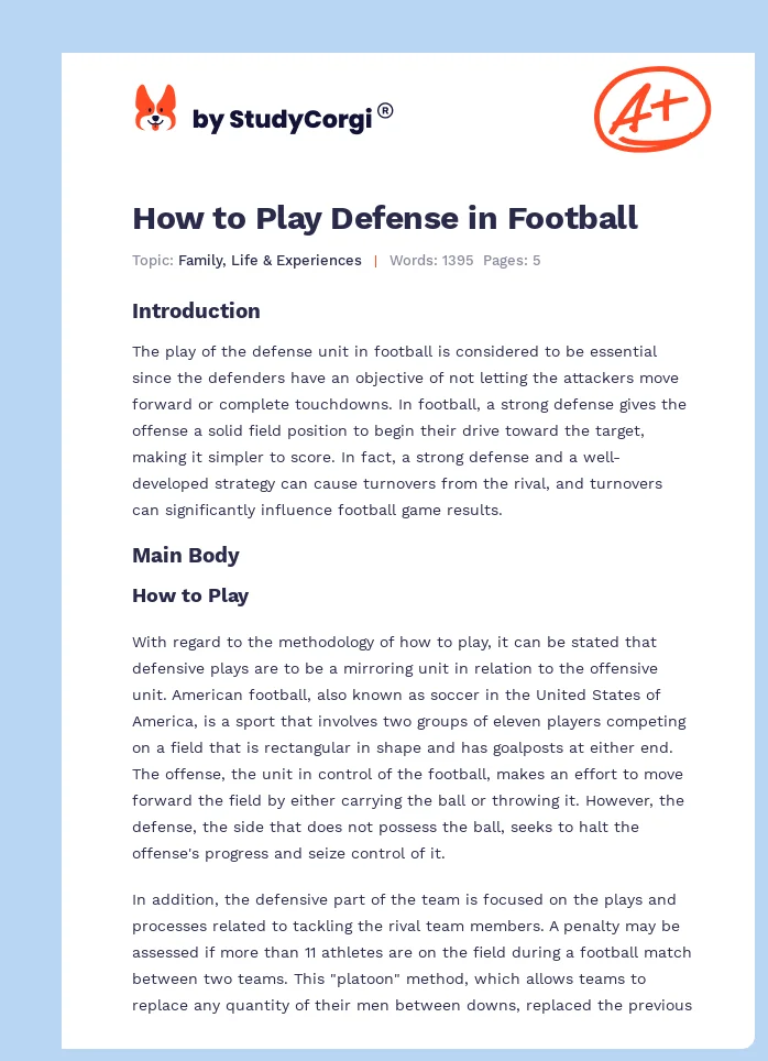  How To Play Defense In Football Free Essay Example