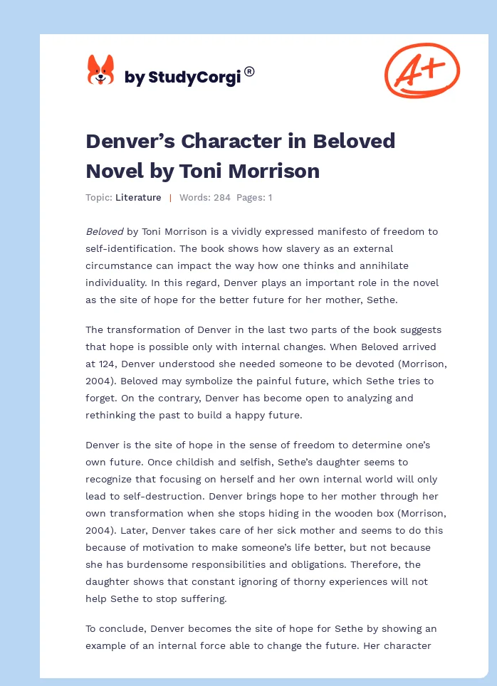 Denver’s Character in Beloved Novel by Toni Morrison. Page 1