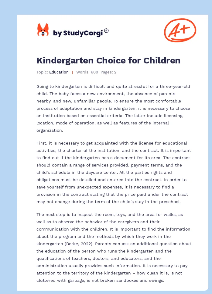 Kindergarten Choice for Children. Page 1