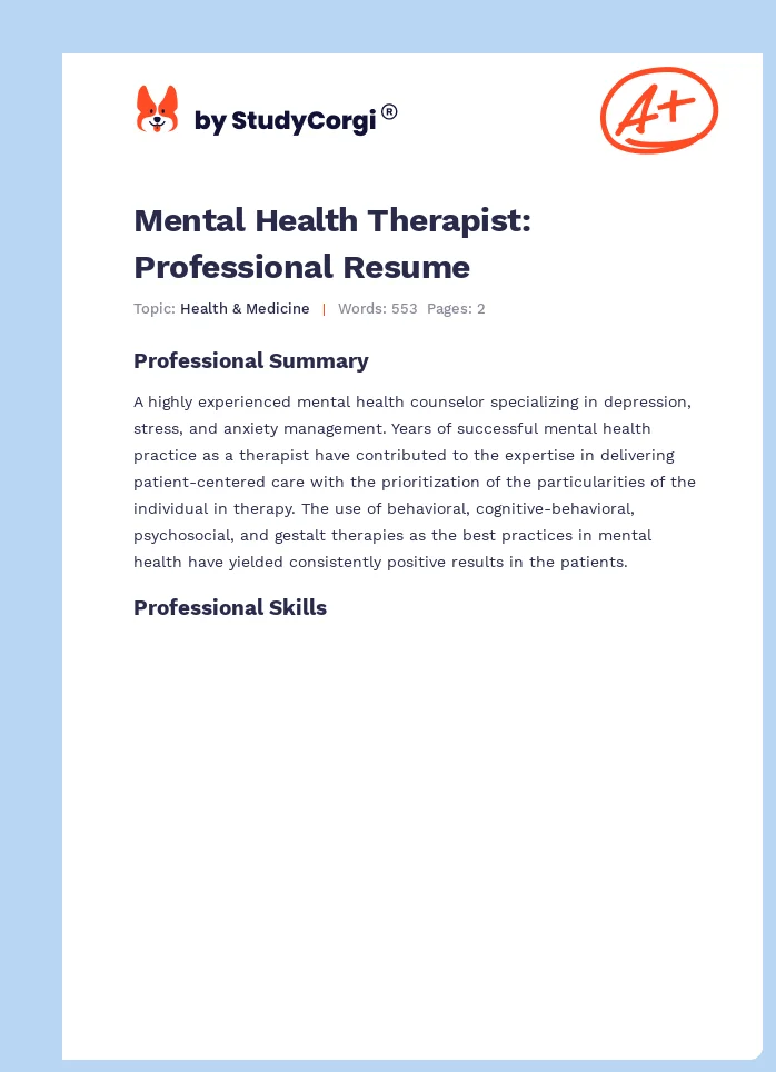 Mental Health Therapist: Professional Resume. Page 1