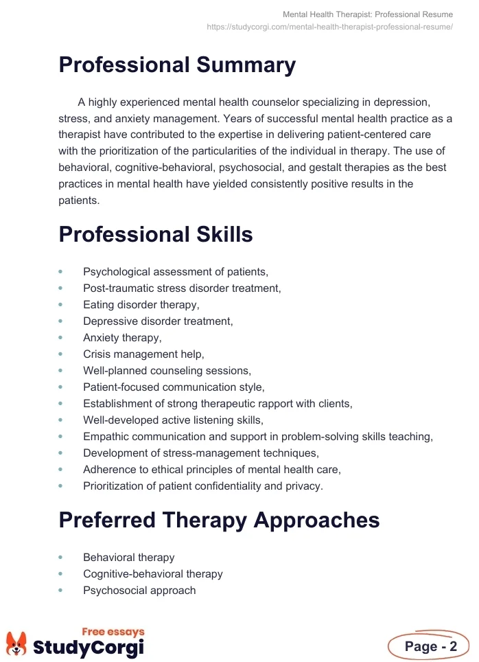Mental Health Therapist: Professional Resume. Page 2