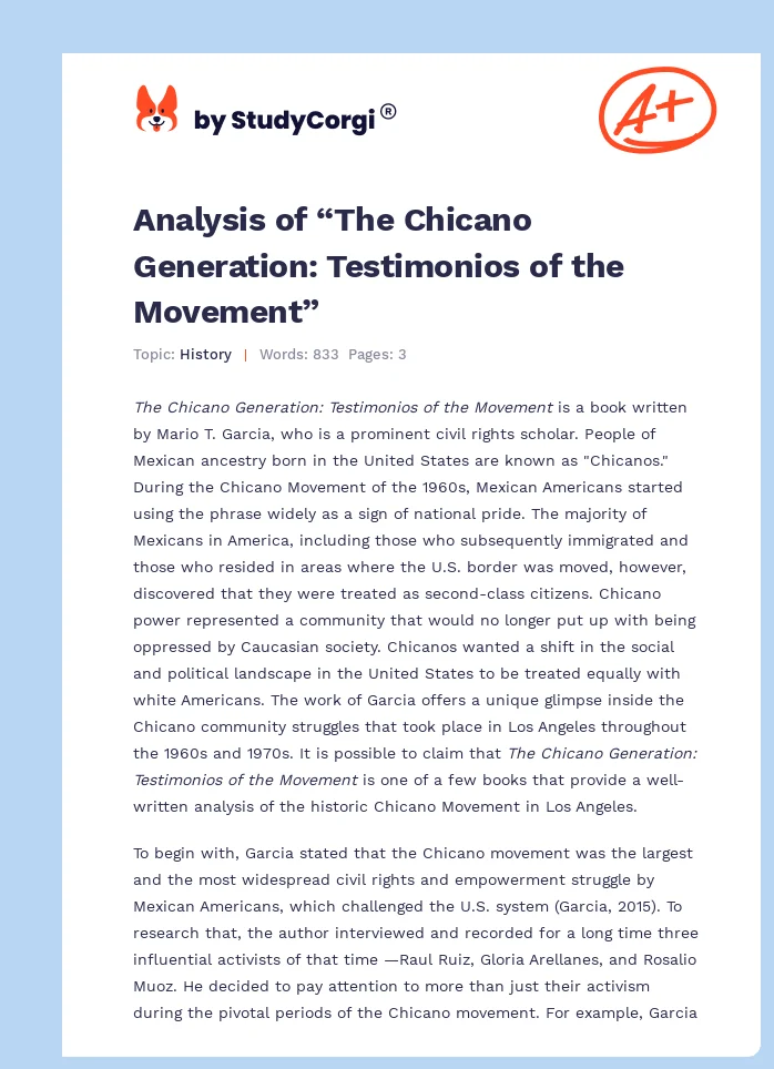 Analysis of “The Chicano Generation: Testimonios of the Movement”. Page 1