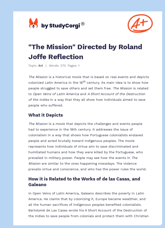 "The Mission" Directed by Roland Joffe Reflection. Page 1