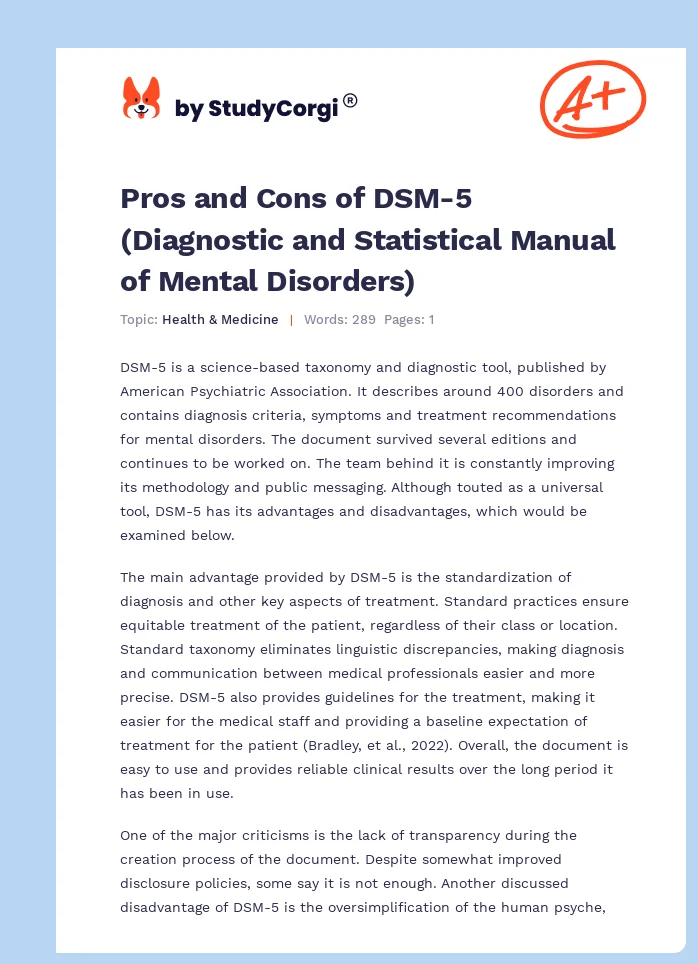 Pros and Cons of DSM-5 (Diagnostic and Statistical Manual of Mental Disorders). Page 1