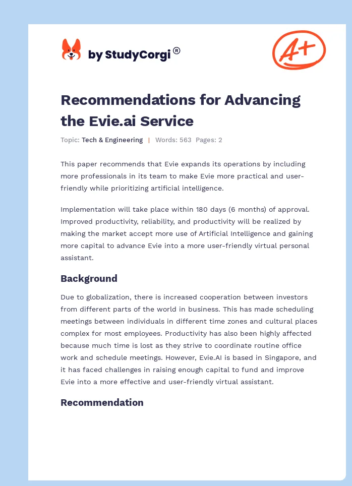 Recommendations for Advancing the Evie.ai Service. Page 1