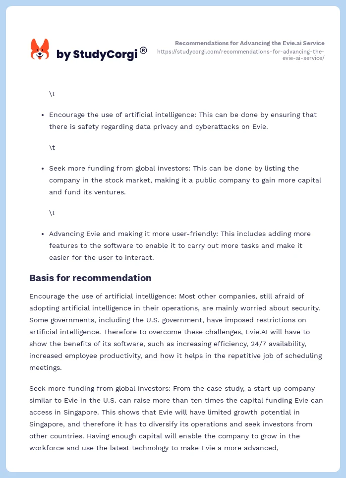 Recommendations for Advancing the Evie.ai Service. Page 2