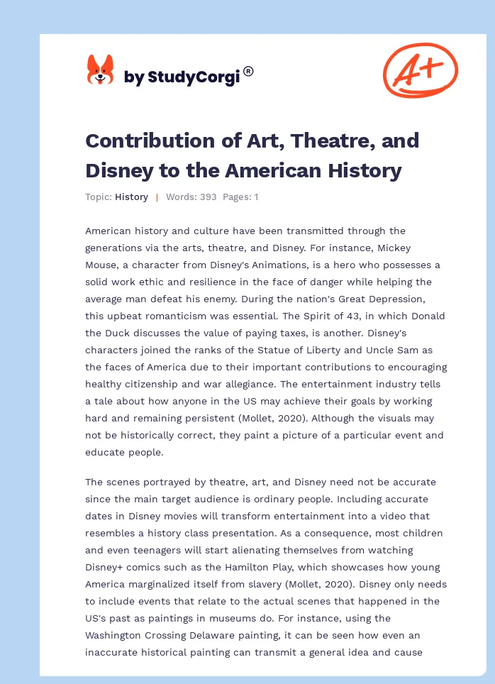 Contribution of Art, Theatre, and Disney to the American History. Page 1
