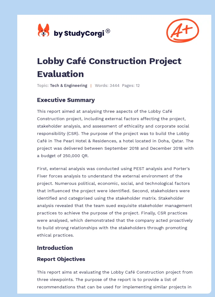 Lobby Café Construction Project Evaluation. Page 1