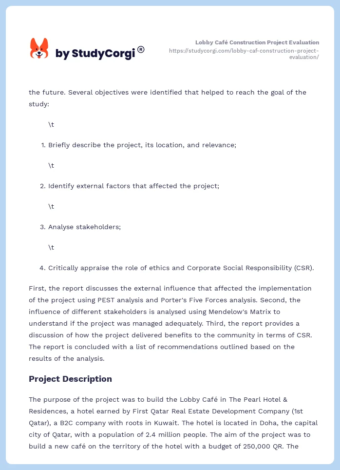 Lobby Café Construction Project Evaluation. Page 2
