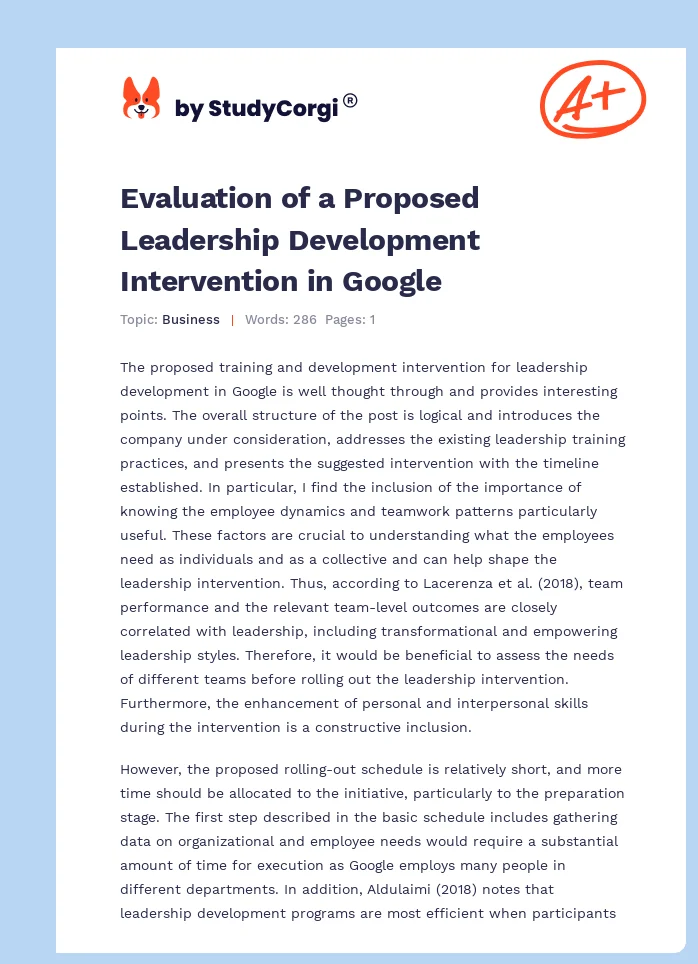 Evaluation of a Proposed Leadership Development Intervention in Google. Page 1