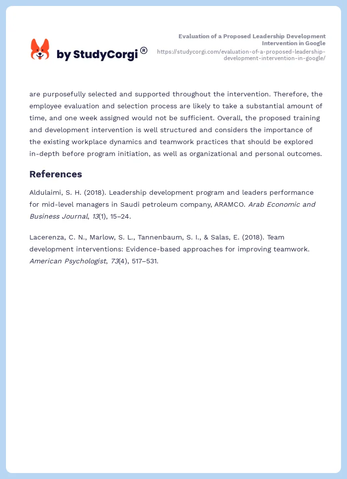 Evaluation of a Proposed Leadership Development Intervention in Google. Page 2