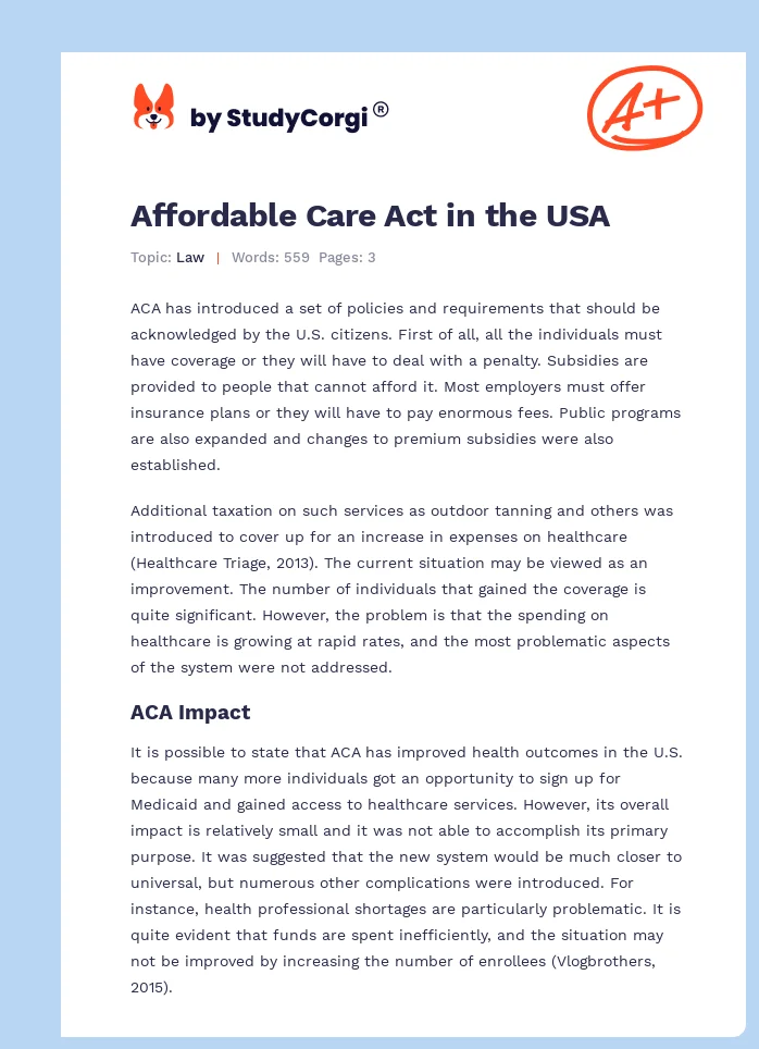 Affordable Care Act in the USA. Page 1