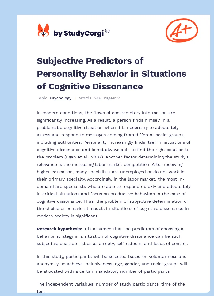 Subjective Predictors of Personality Behavior in Situations of Cognitive Dissonance. Page 1