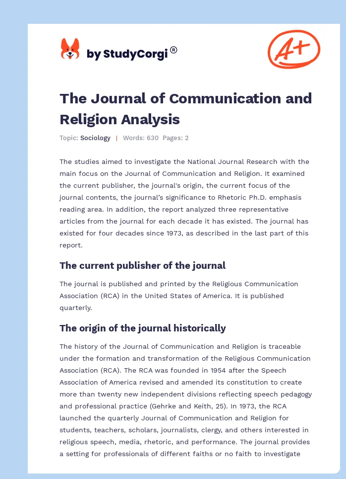 The Journal of Communication and Religion Analysis. Page 1