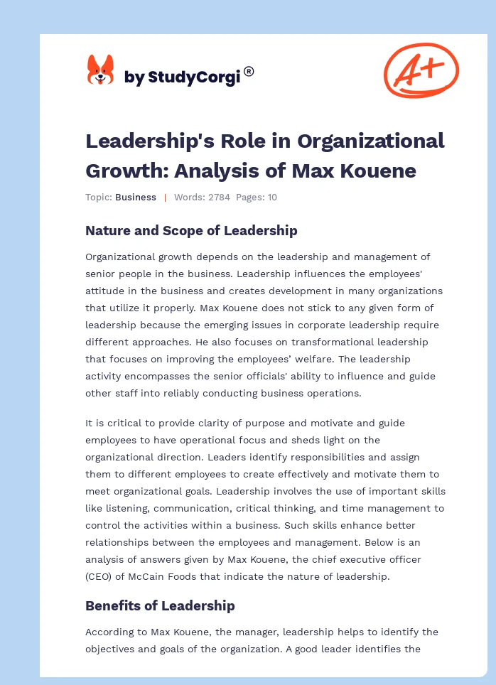 Leadership's Role in Organizational Growth: Analysis of Max Kouene. Page 1