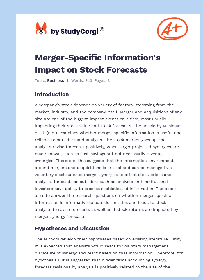 Merger-Specific Information's Impact on Stock Forecasts. Page 1