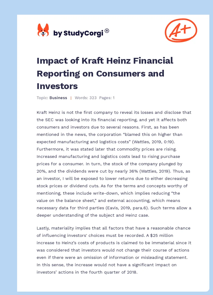 Impact of Kraft Heinz Financial Reporting on Consumers and Investors. Page 1
