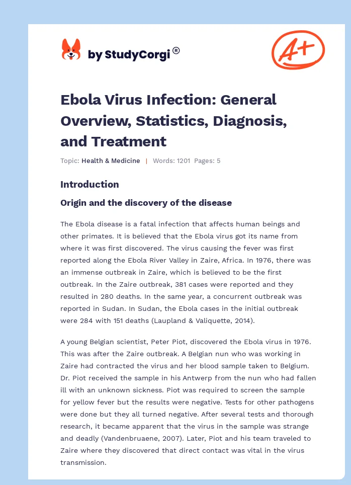 Ebola Virus Infection: General Overview, Statistics, Diagnosis, and Treatment. Page 1