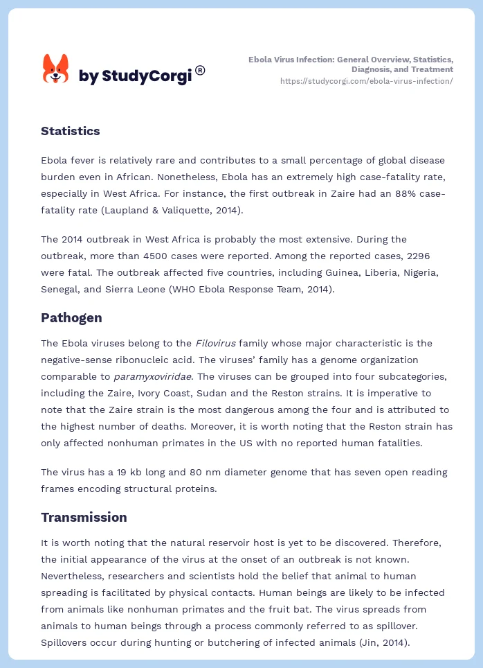 Ebola Virus Infection: General Overview, Statistics, Diagnosis, and Treatment. Page 2