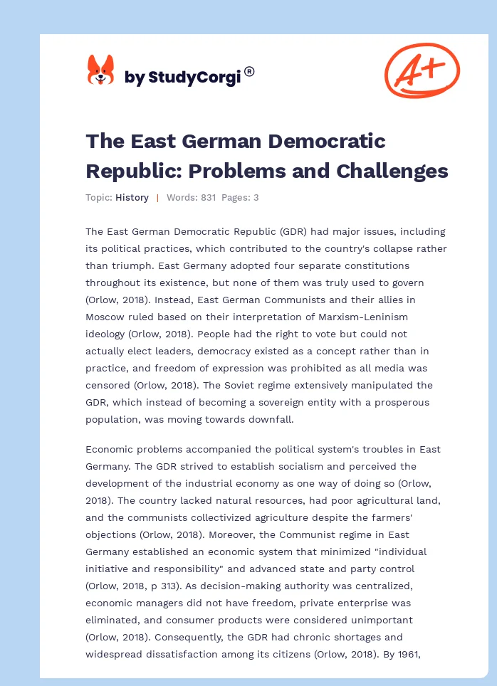 The East German Democratic Republic: Problems and Challenges. Page 1