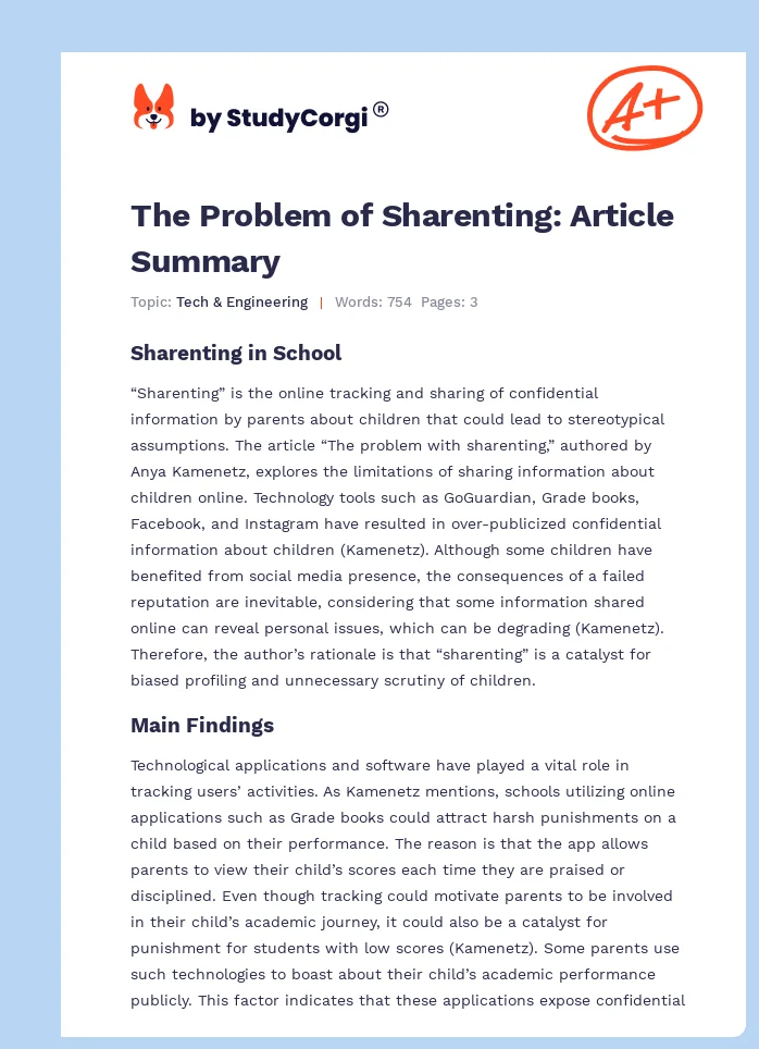 The Problem of Sharenting: Article Summary. Page 1