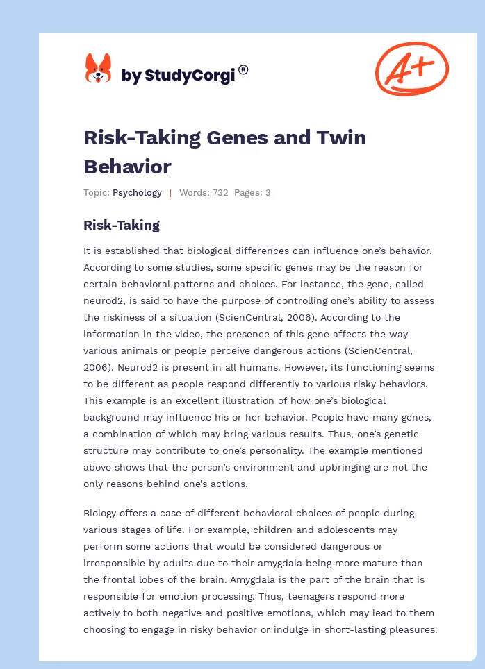 Risk-Taking Genes and Twin Behavior. Page 1