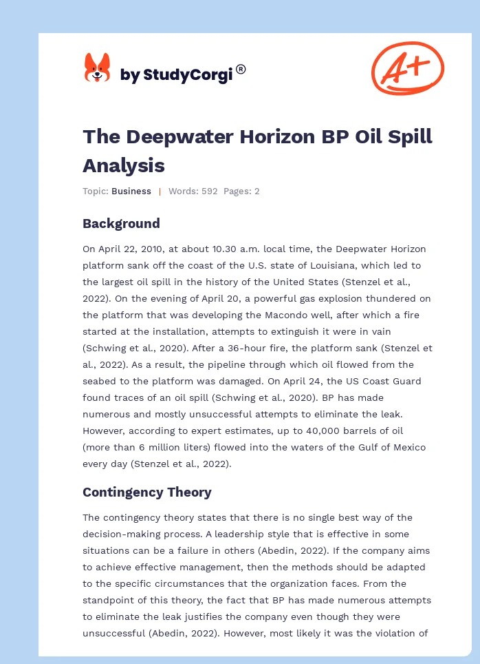 The Deepwater Horizon BP Oil Spill Analysis. Page 1
