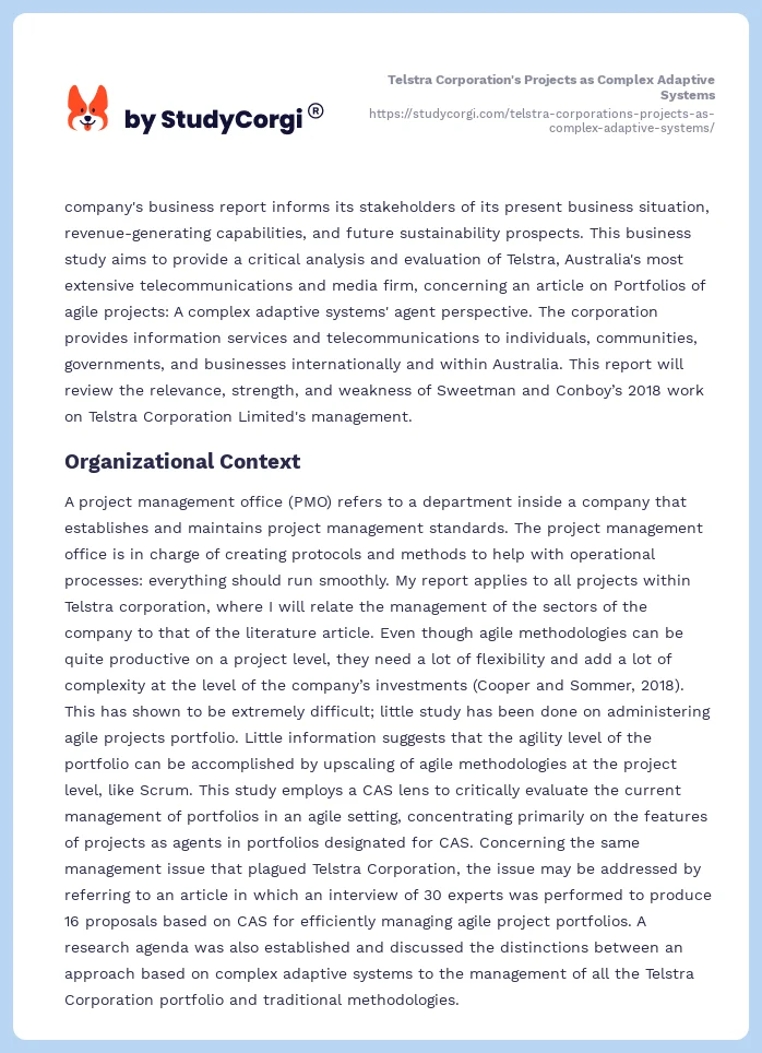 Telstra Corporation's Projects as Complex Adaptive Systems. Page 2