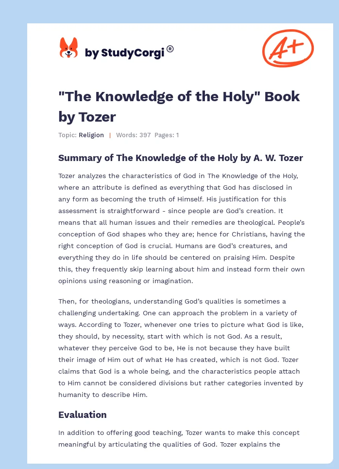 "The Knowledge of the Holy" Book by Tozer. Page 1