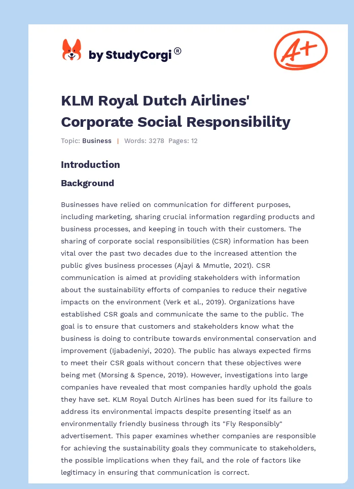 KLM Royal Dutch Airlines' Corporate Social Responsibility. Page 1