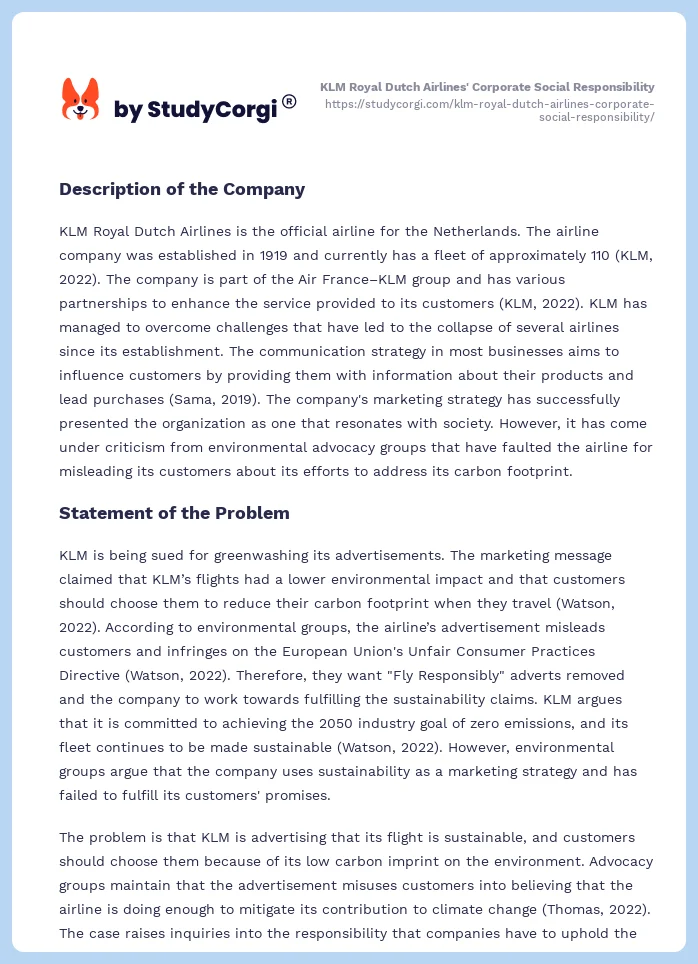 KLM Royal Dutch Airlines' Corporate Social Responsibility. Page 2