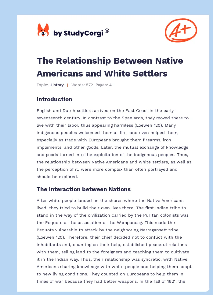 The Relationship Between Native Americans and White Settlers. Page 1