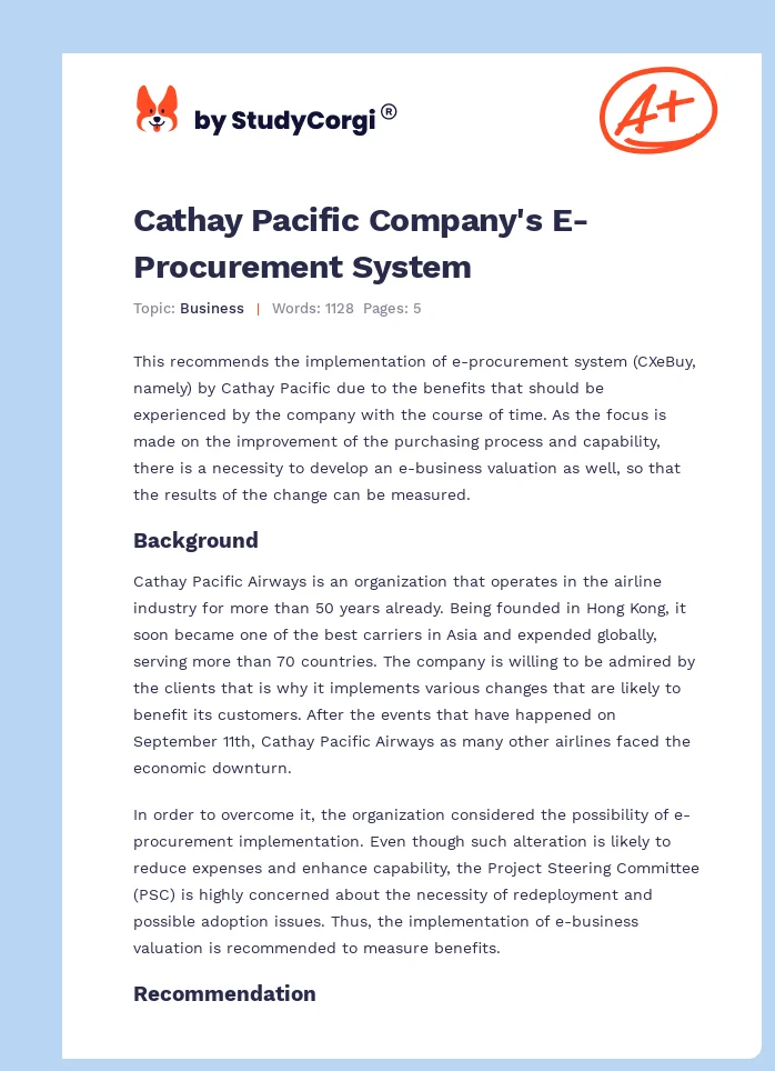 Cathay Pacific Company's E-Procurement System. Page 1