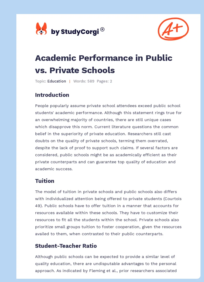 Academic Performance in Public vs. Private Schools. Page 1