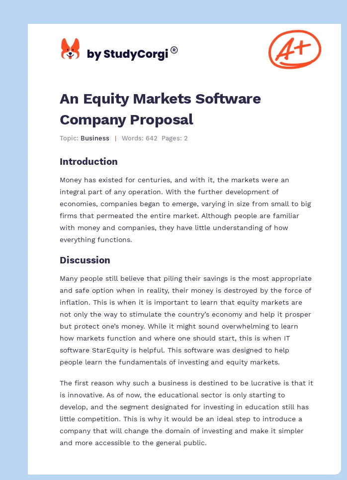 An Equity Markets Software Company Proposal. Page 1