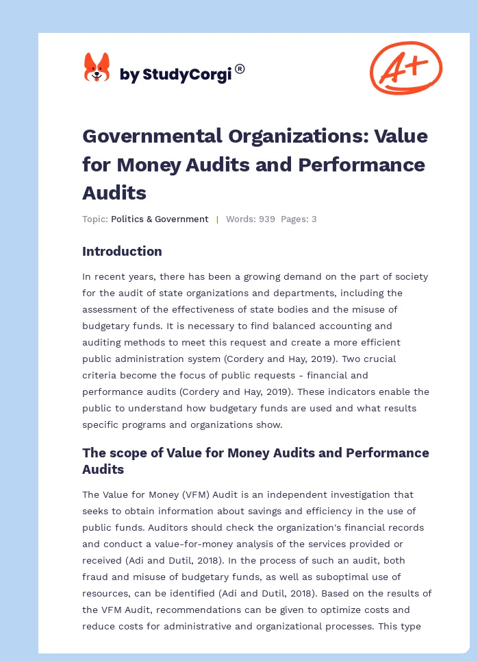 Governmental Organizations: Value for Money Audits and Performance Audits. Page 1
