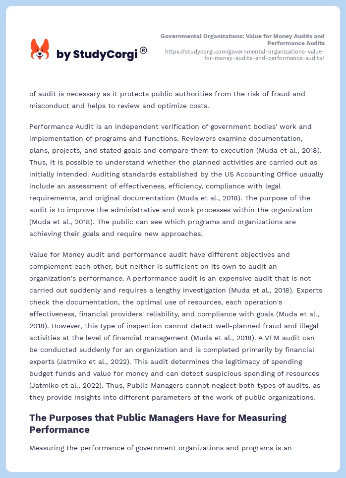 Governmental Organizations: Value for Money Audits and Performance Audits. Page 2