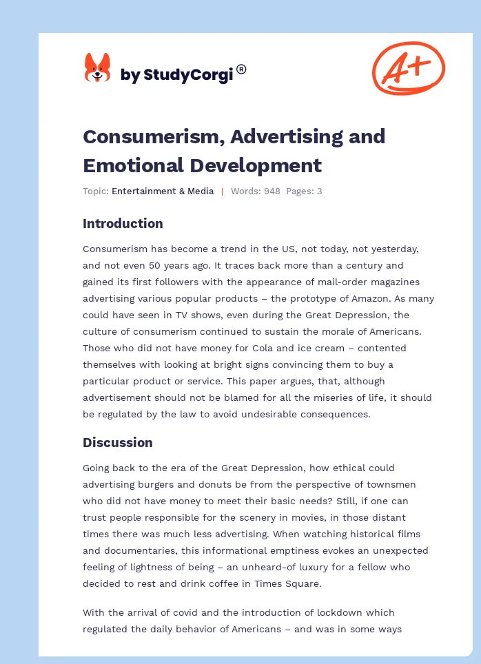 Consumerism, Advertising and Emotional Development. Page 1