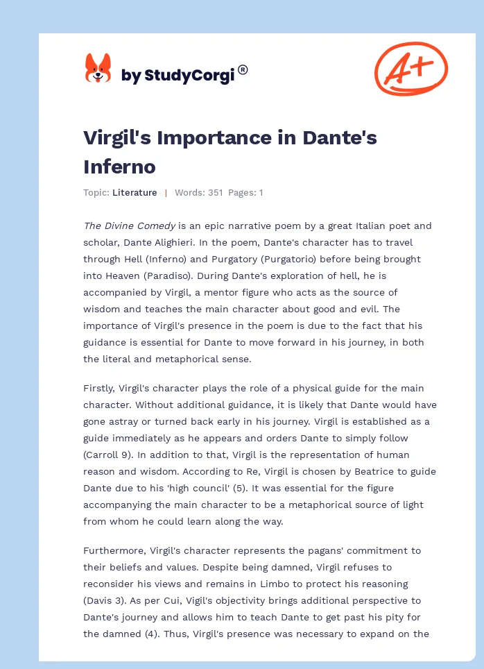 Virgil's Importance in Dante's Inferno. Page 1