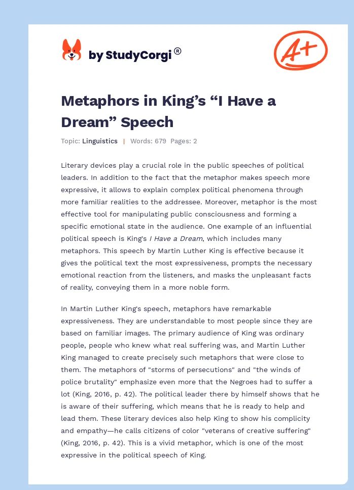 Metaphors in King’s “I Have a Dream” Speech. Page 1