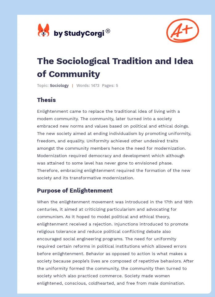 The Sociological Tradition and Idea of Community. Page 1