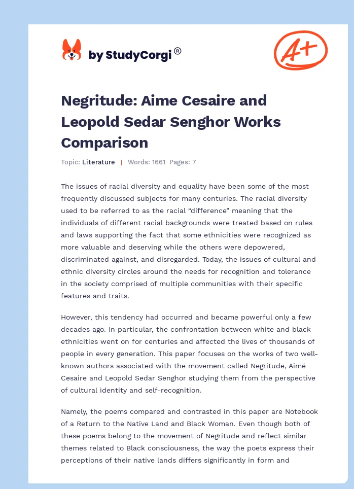 Negritude: Aime Cesaire and Leopold Sedar Senghor Works Comparison. Page 1