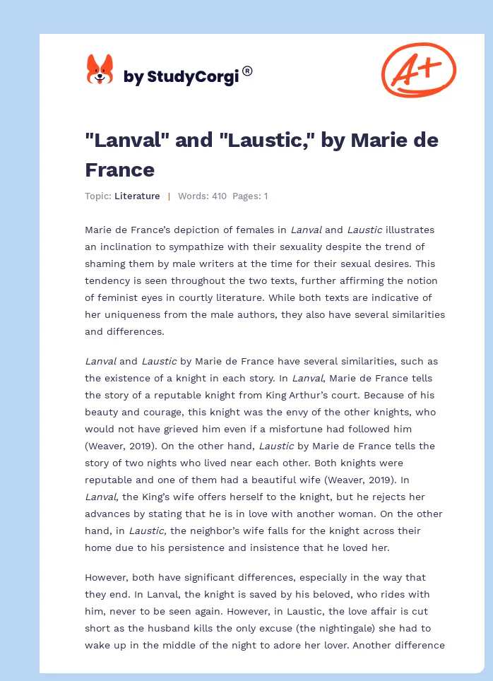 "Lanval" and "Laustic," by Marie de France. Page 1